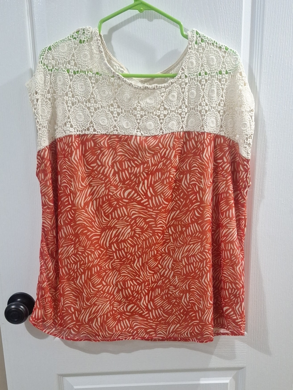 Roz & Ali Women's Crochet Yoke Orange Print Top